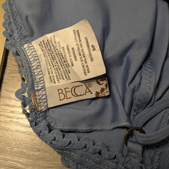 Becca Periwinkle Blue Crochet Open Knit High Neck Open Back One Piece Swimsuit - Picture 7 of 9